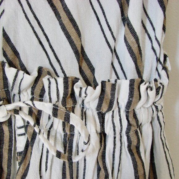 Linen Blend Dress Spaghetti Strap Lauren Vidal White Black Tan Stripe Small - Picture 7 of 12